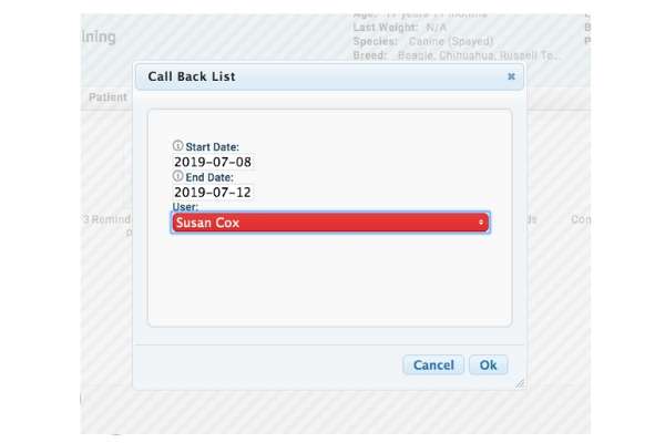 veterinary client callback report selecting user