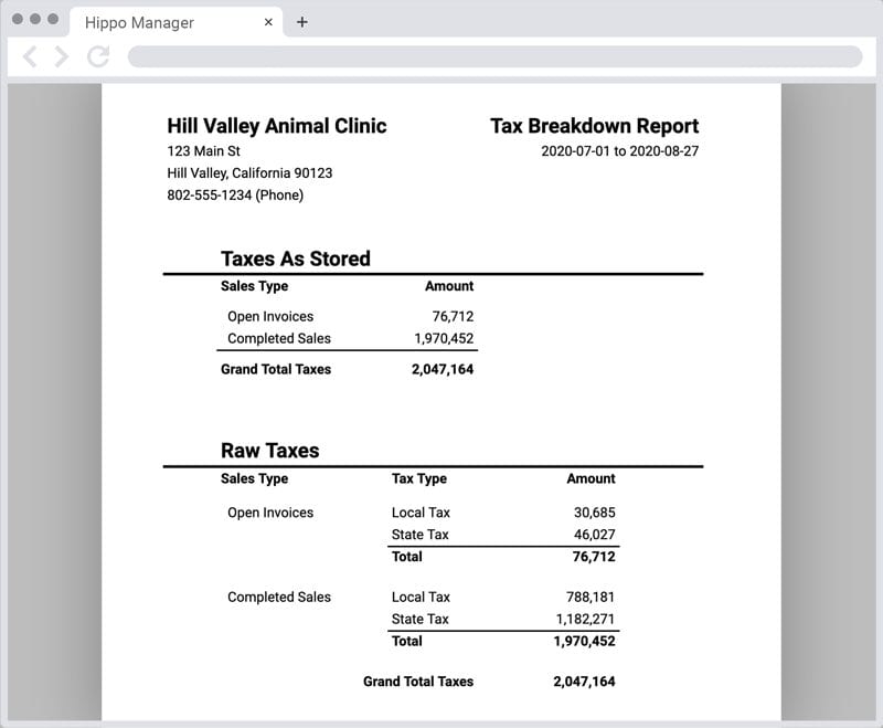 Hippo Manager Tax Type Breakdown Report in Browser